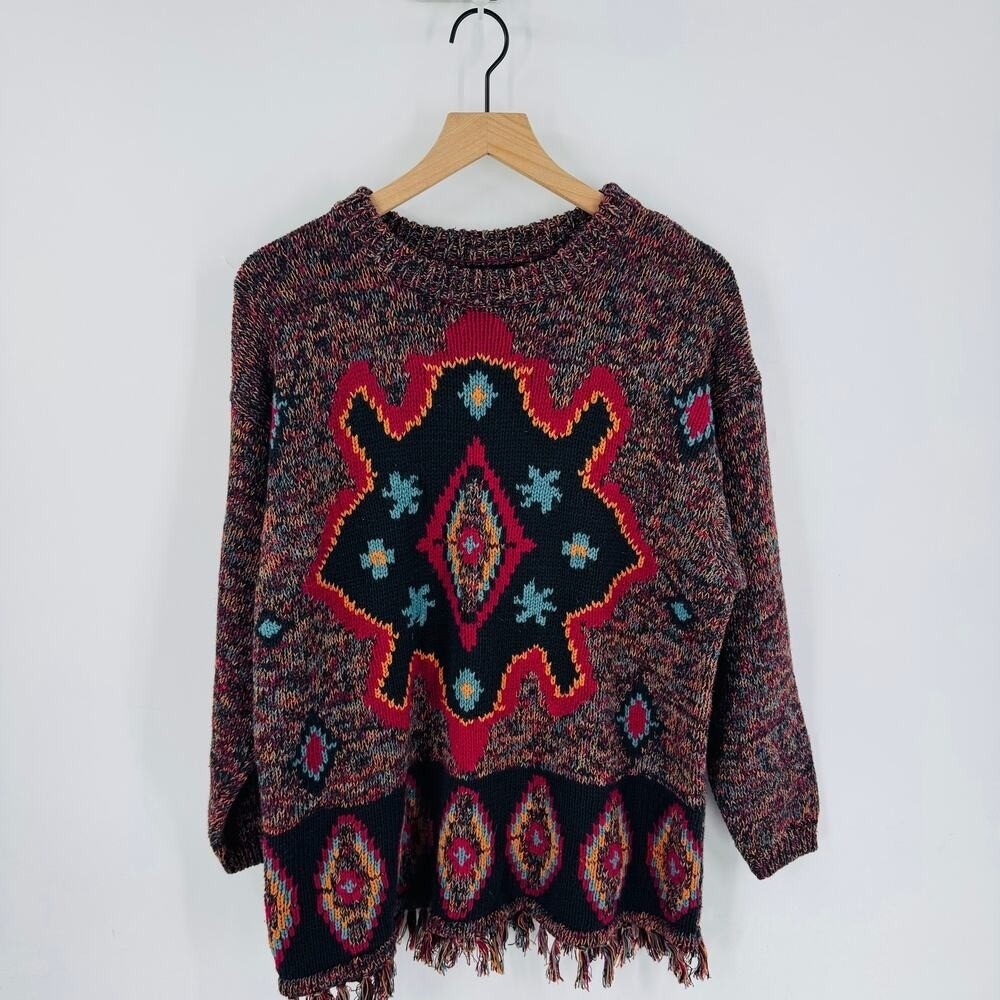 Vintage Cynthia Sweater 1X Boho Southwestern Fringe Hem Colorful Knit‎ - Picture 7 of 7